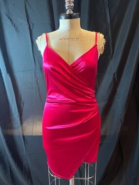 Fuchsia Satin Wrap-Front Spaghetti Strap Dress
